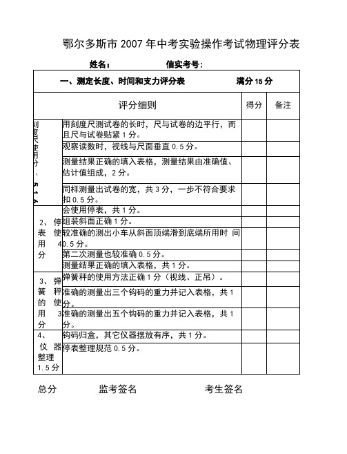 (精选)中考实验操作考试物理评分表