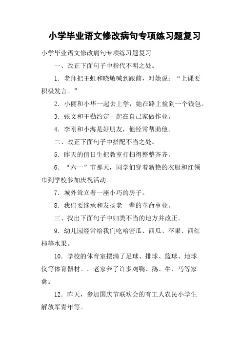 小学毕业语文修改病句专项练习题复习