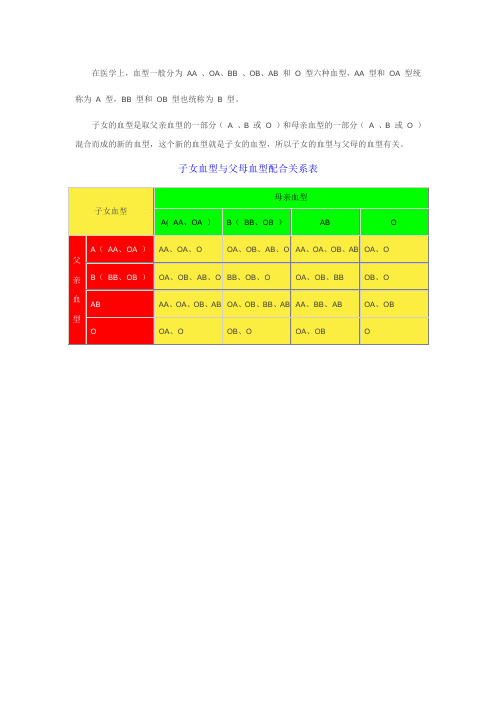 子女血型和父母配对关系表