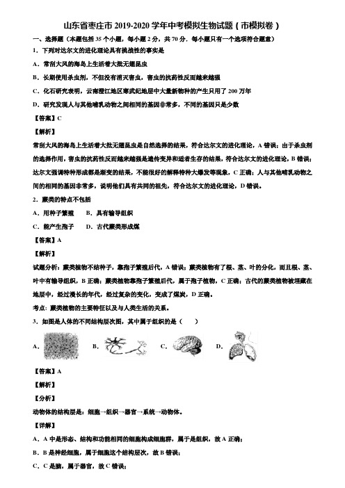 山东省枣庄市2019-2020学年中考模拟生物试题(市模拟卷)含解析