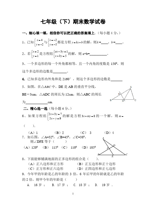 七五华师大版七年级下学期期末试卷