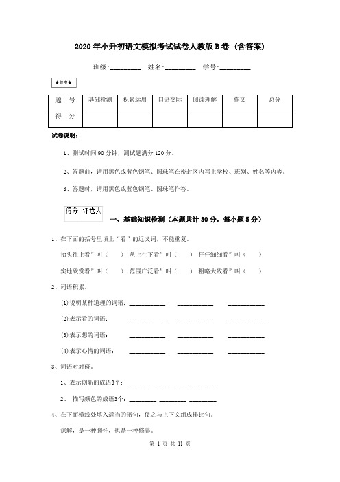 2020年小升初语文模拟考试试卷人教版B卷 (含答案)