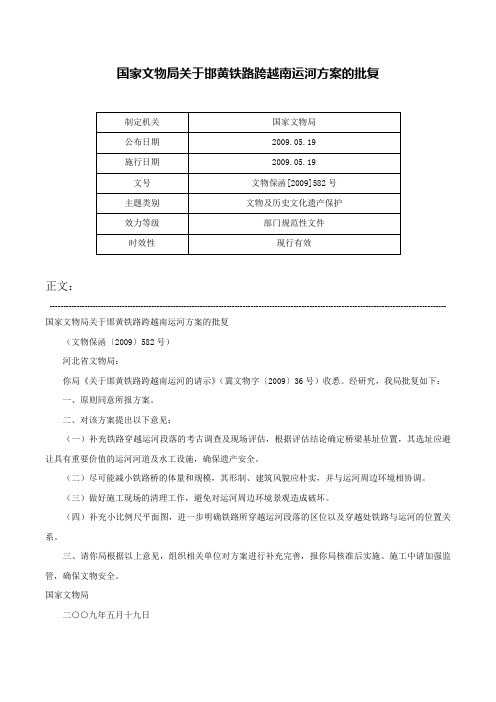 国家文物局关于邯黄铁路跨越南运河方案的批复-文物保函[2009]582号