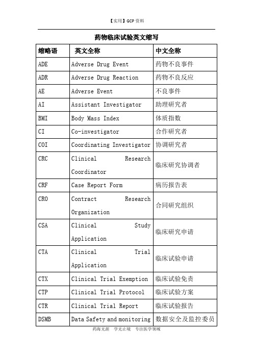 GCP资料-药物临床试验英文词汇及缩写