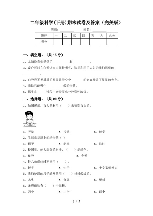 二年级科学(下册)期末试卷及答案(完美版)