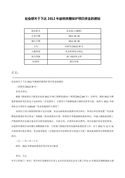 农业部关于下达2012年耕地质量保护项目资金的通知-农财发[2012]49号