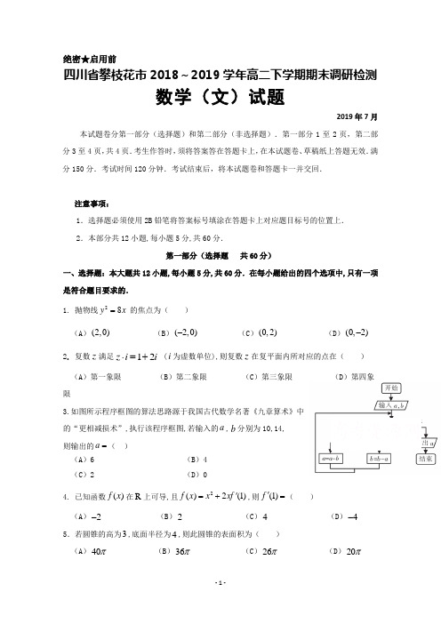 2018～2019学年四川省攀枝花市高二下学期期末调研检测数学(文)试题及答案