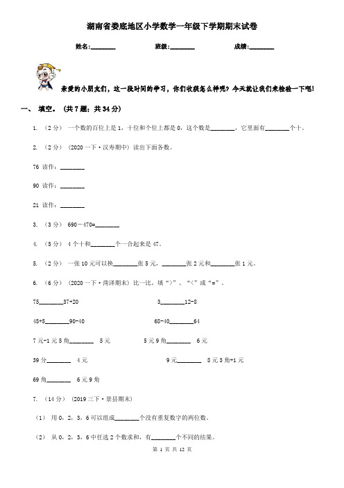 湖南省娄底地区小学数学一年级下学期期末试卷