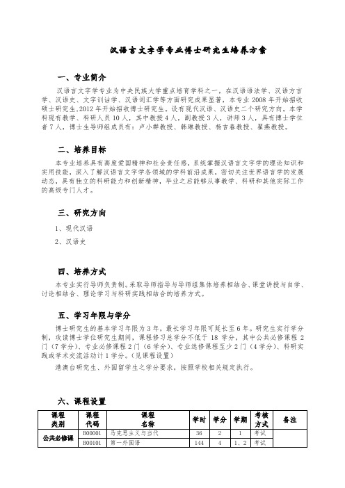 汉语言文字学专业博士研究生培养方案