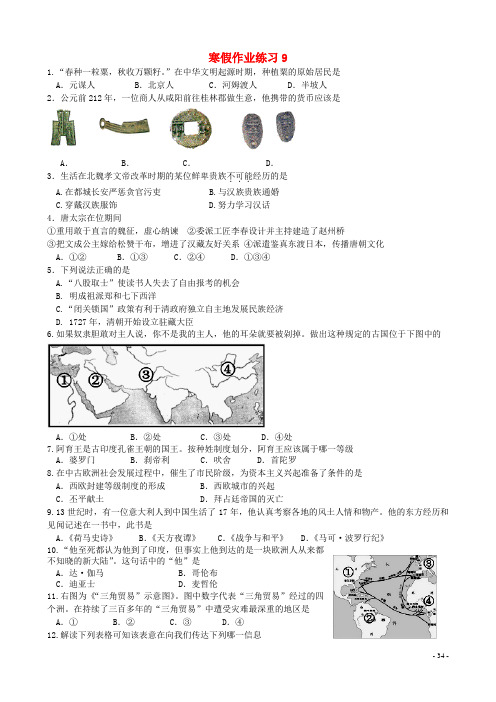 江苏省南京三中九年级寒假作业历史试题(9)(无答案) 新人教版