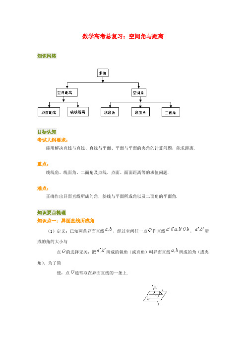 高三数学高考总复习空间角与距离