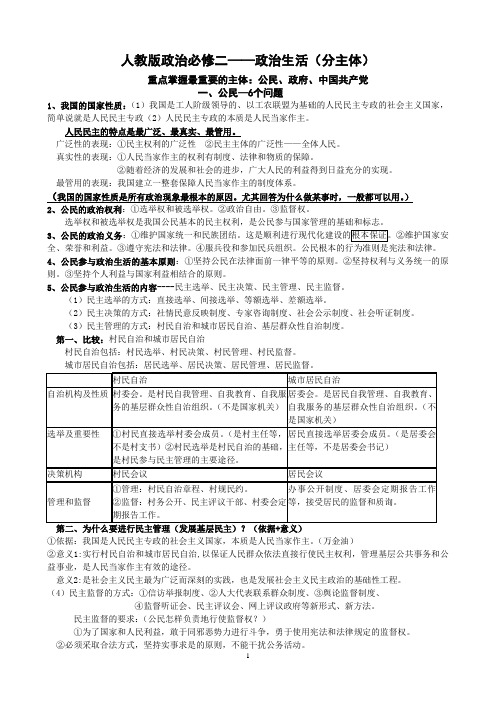 人教版政治必修二——政治生活 知识提纲(分主体).doc