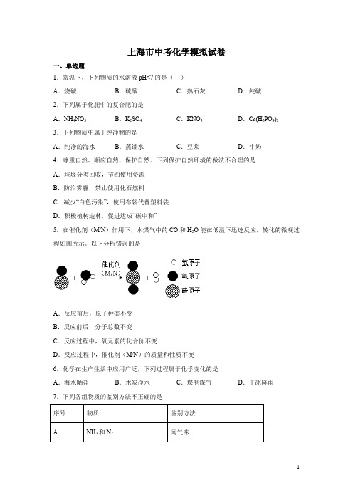 上海市中考化学模拟试题含答案