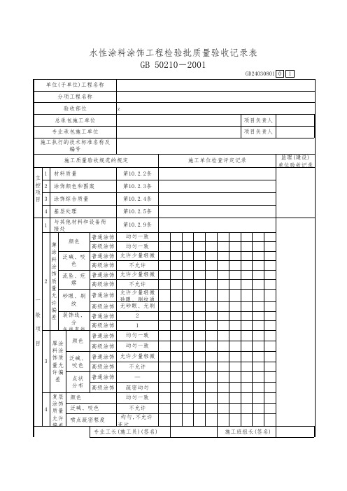 水性涂料涂饰工程检验批质量验收记录表