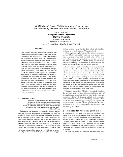 A Study of Cross-Validation and Bootstrap for Accuracy Estimation and Model Selection