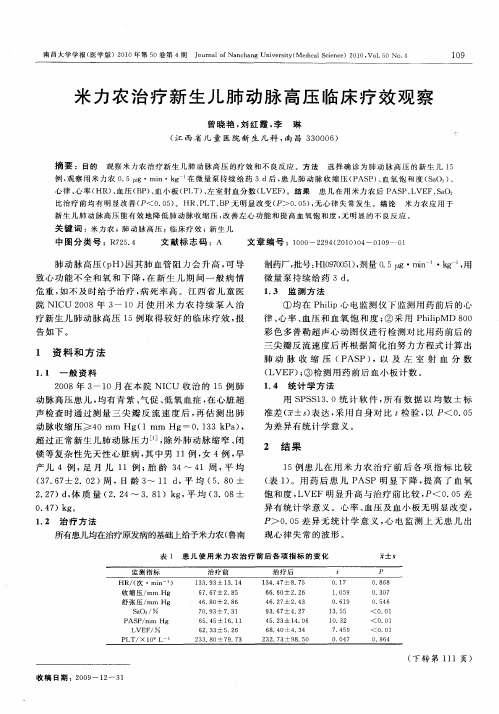 米力农治疗新生儿肺动脉高压临床疗效观察