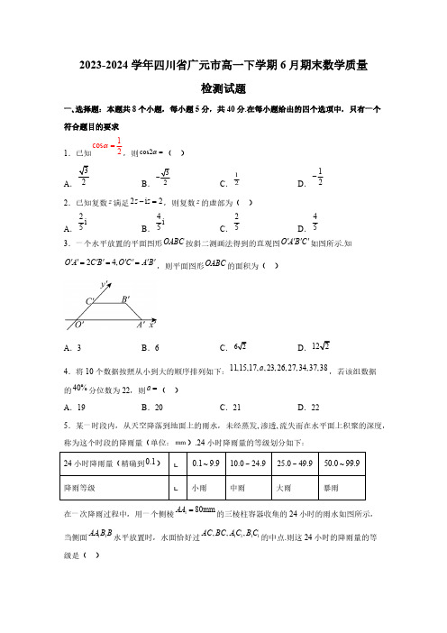 2023-2024学年四川省广元市高一下学期6月期末数学质量检测试题(含解析)