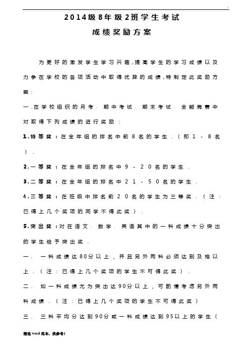 初中班级学生考试成绩及各项活动奖励方案