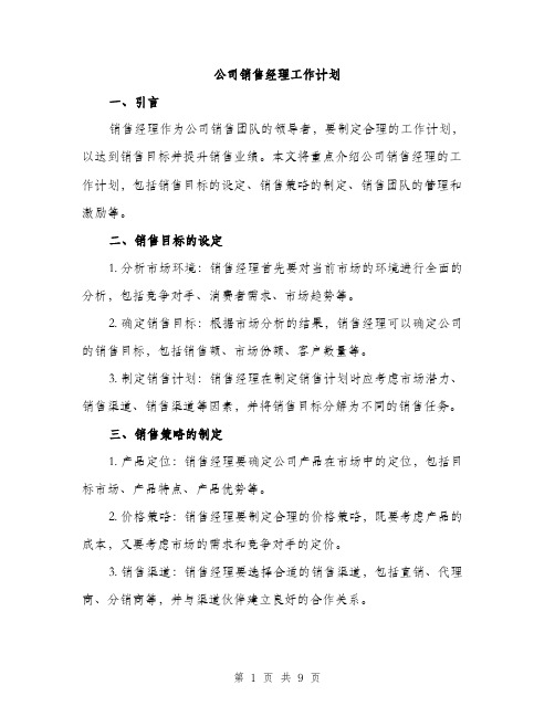 公司销售经理工作计划（三篇）