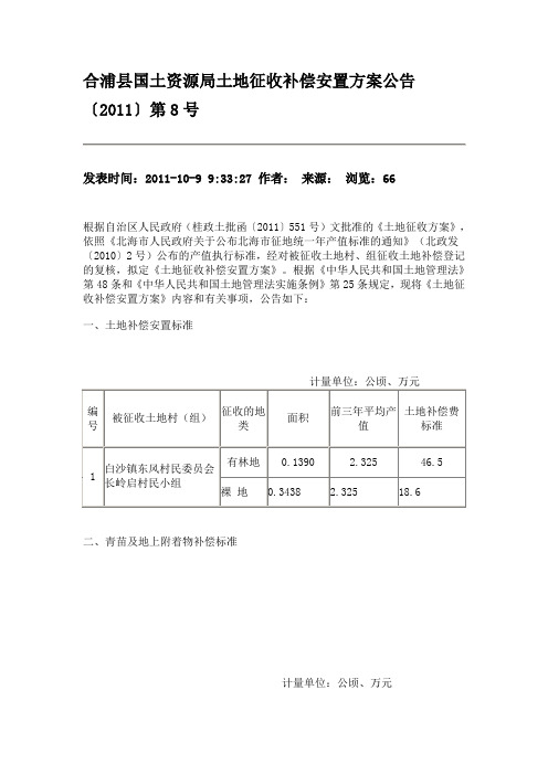 合浦县国土资源局土地征收补偿安置方案公告