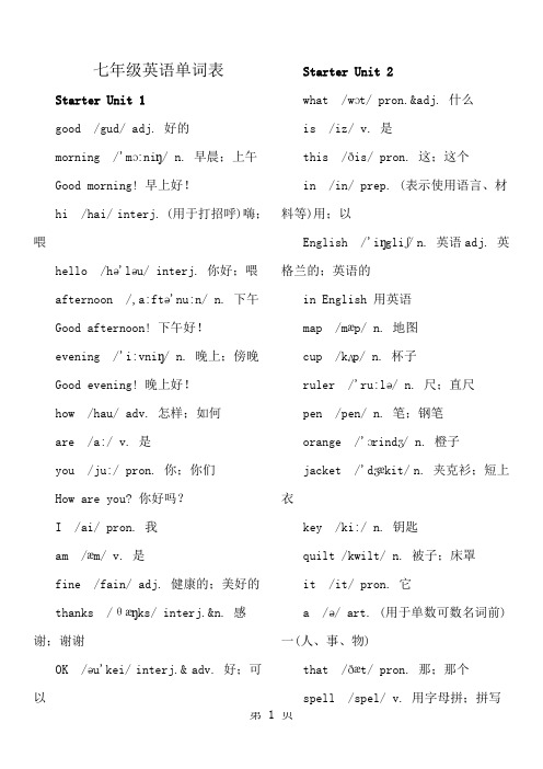 七年级上册英语单词表含音标