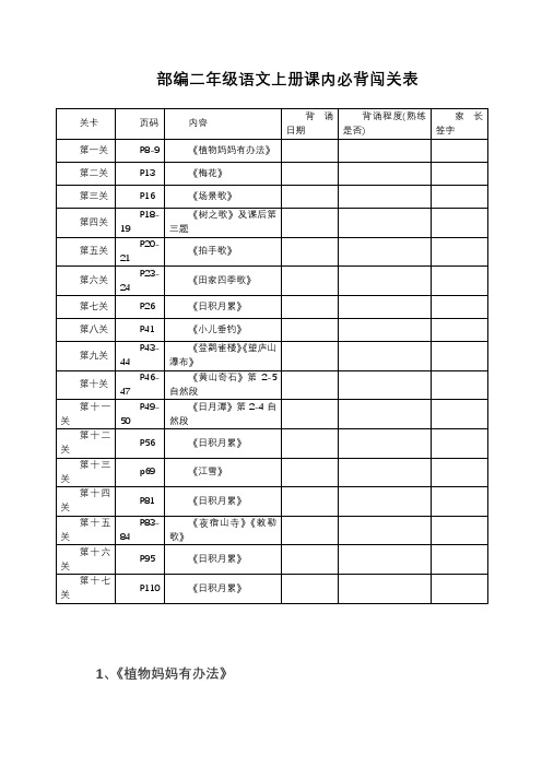 小学二年级上册重要背诵内容