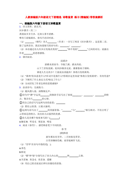 人教部编版六年级语文下册精选 诗歌鉴赏 练习(精编版)带答案解析