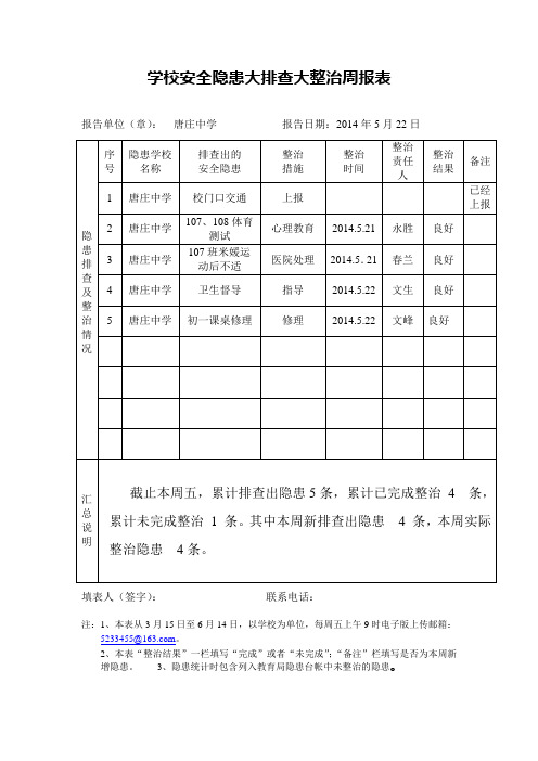 学校安全隐患大排查大整治周报表