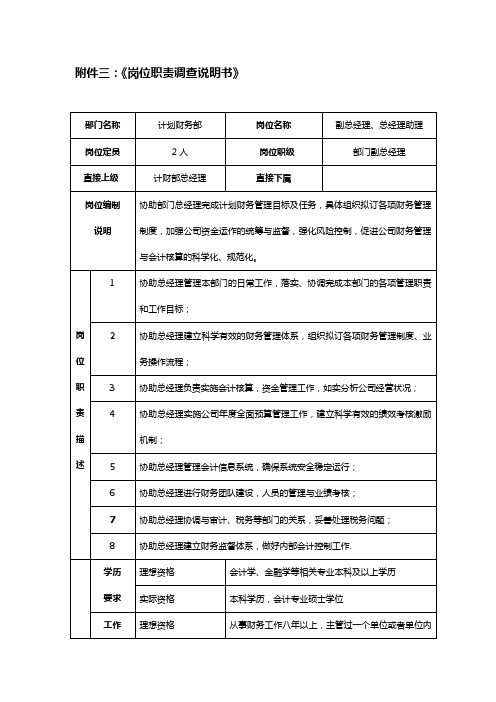 XX证券公司部门副总经理、总经理助理岗岗位职责调查说明书