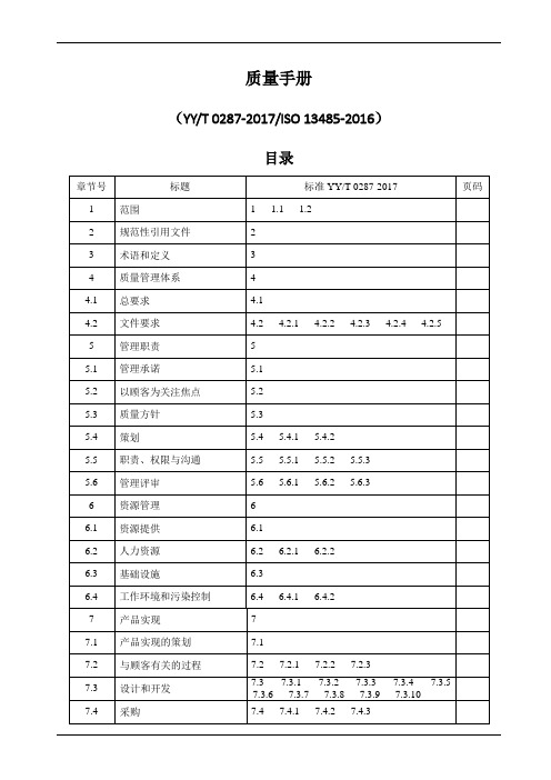 ISO13485-2016-YYT0287-2017质量手册