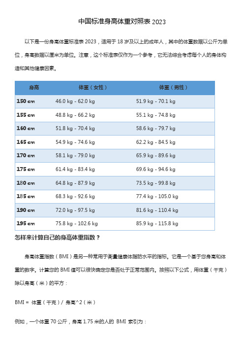 中国标准身高体重对照表2023