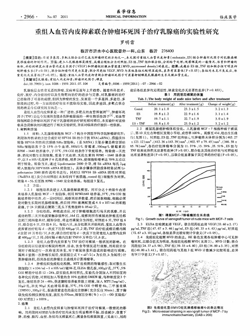 重组人血管内皮抑素联合肿瘤坏死因子治疗乳腺癌的实验性研究