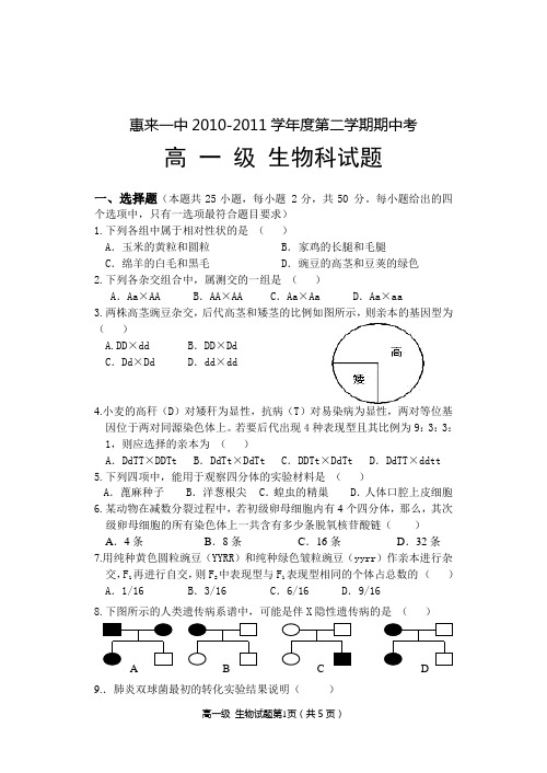 惠来一中高中生物必修二期中考试题和答案