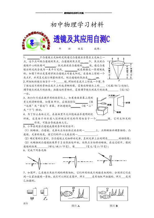 人教版八年级物理上册横道中学课内双基目标训练试题透镜及其应用自测C.docx