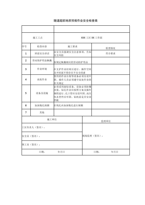 隧道超前地质预报作业安全检查表