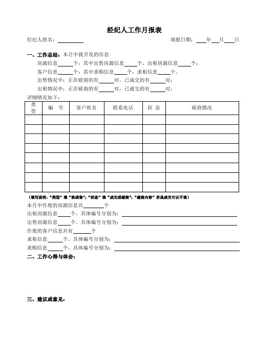 经纪人工作月报表