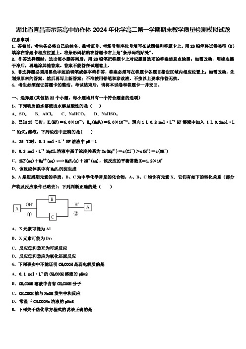 湖北省宜昌市示范高中协作体2024年化学高二第一学期期末教学质量检测模拟试题含解析