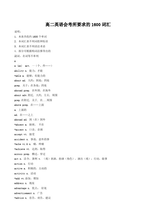 高二英语会考所要求的1600词汇