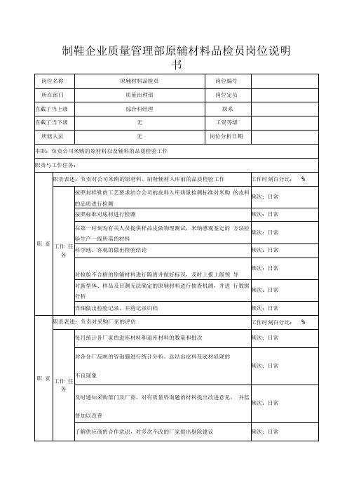 制鞋企业质量管理部原辅材料品检员岗位说明书