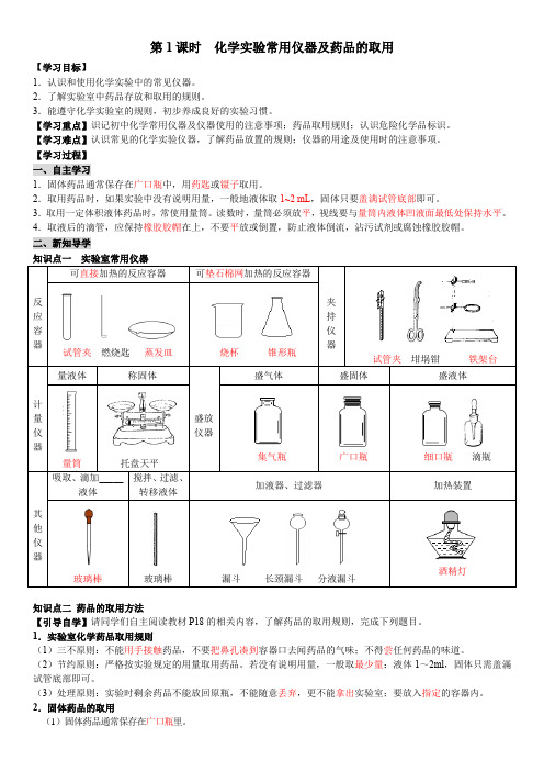 九年级化学 化学实验常用仪器及药品的取用