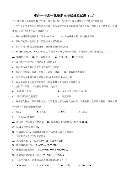 山东省枣庄一中10-11学年高一上学期期末模拟试题(二)(化学)