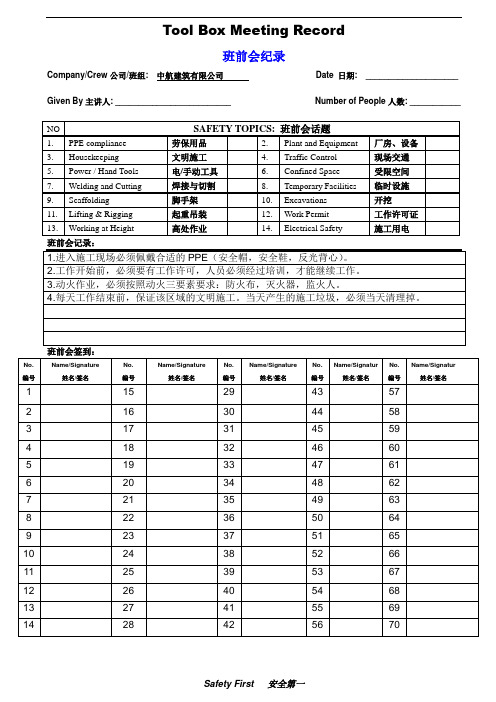 安全工具箱会议Tool Box Meeting Record