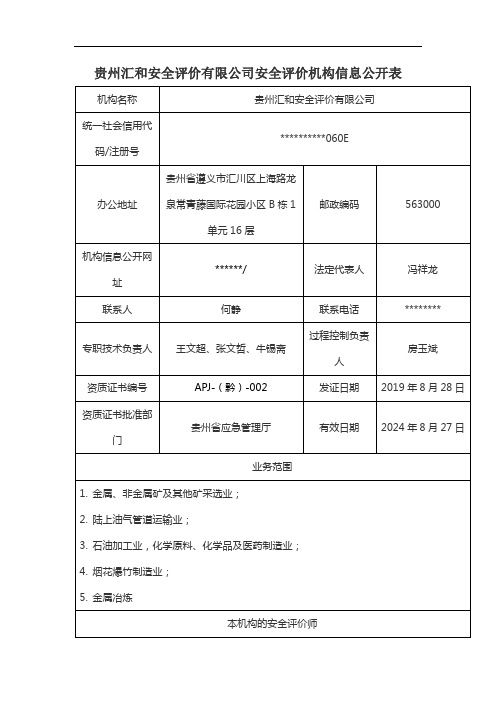 贵州汇和安全评价有限公司安全评价机构信息公开表【模板】