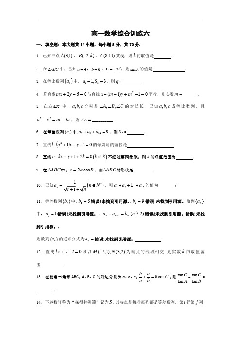 江苏省如皋市搬经中学高一下学期数学(理)综合六