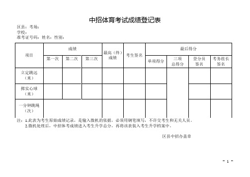 中招体育考试成绩登记表