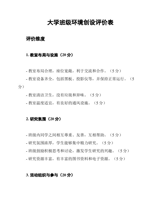 大学班级环境创设评价表