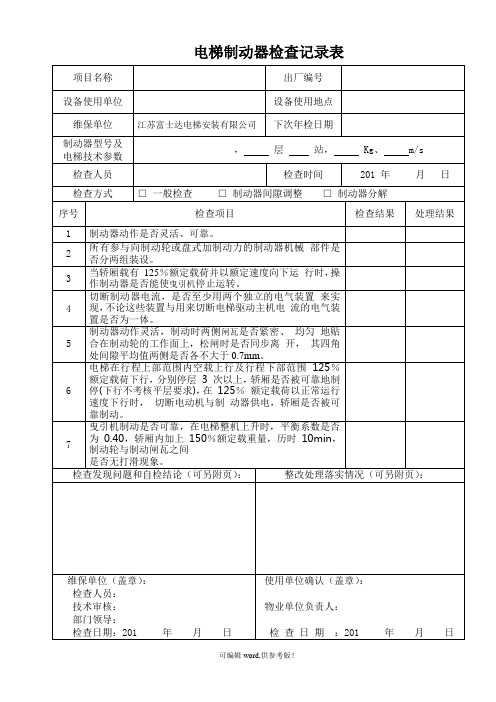 电梯制动器抱闸检查表