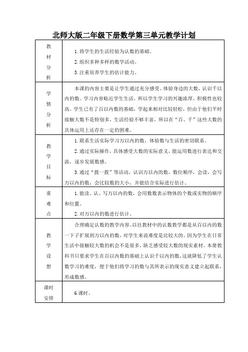 北师大版二年级下册数学第三单元教学计划