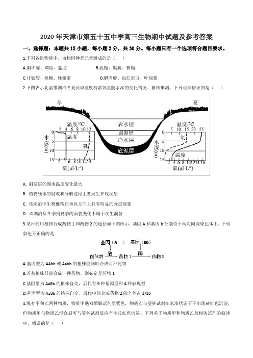 2020年天津市第五十五中学高三生物期中试题及参考答案