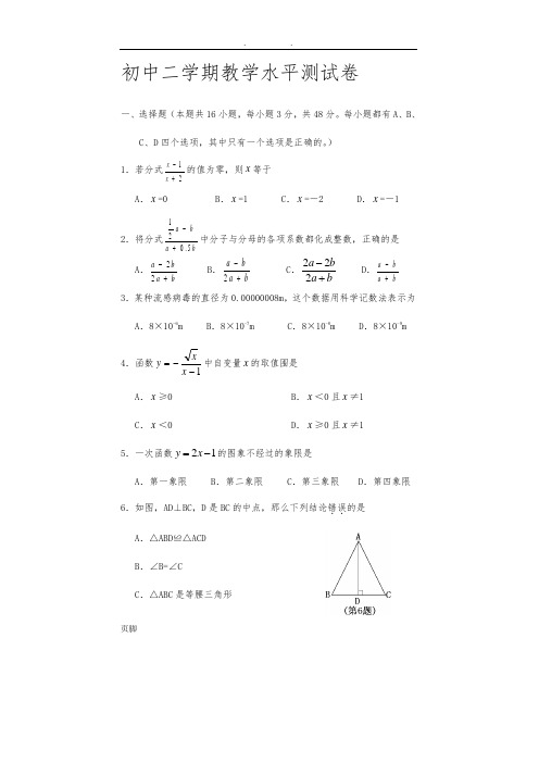 2015-2016学年八年级下阶段性教学水平数学测试卷及答案